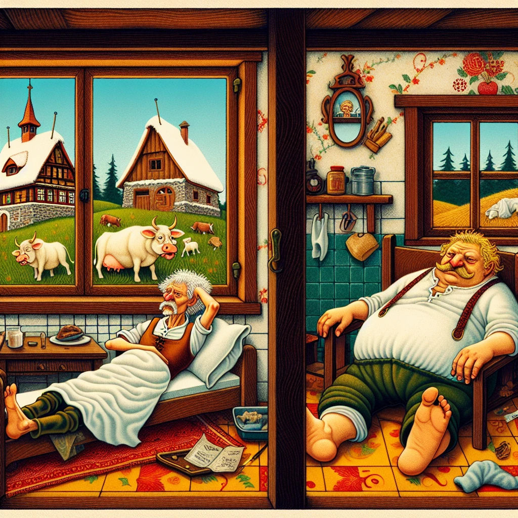 A comically thin woman named Lisa lounging lazily in her sparse cottage, surrounded by the evidence of her extreme idleness, with her equally lazy husband nearby