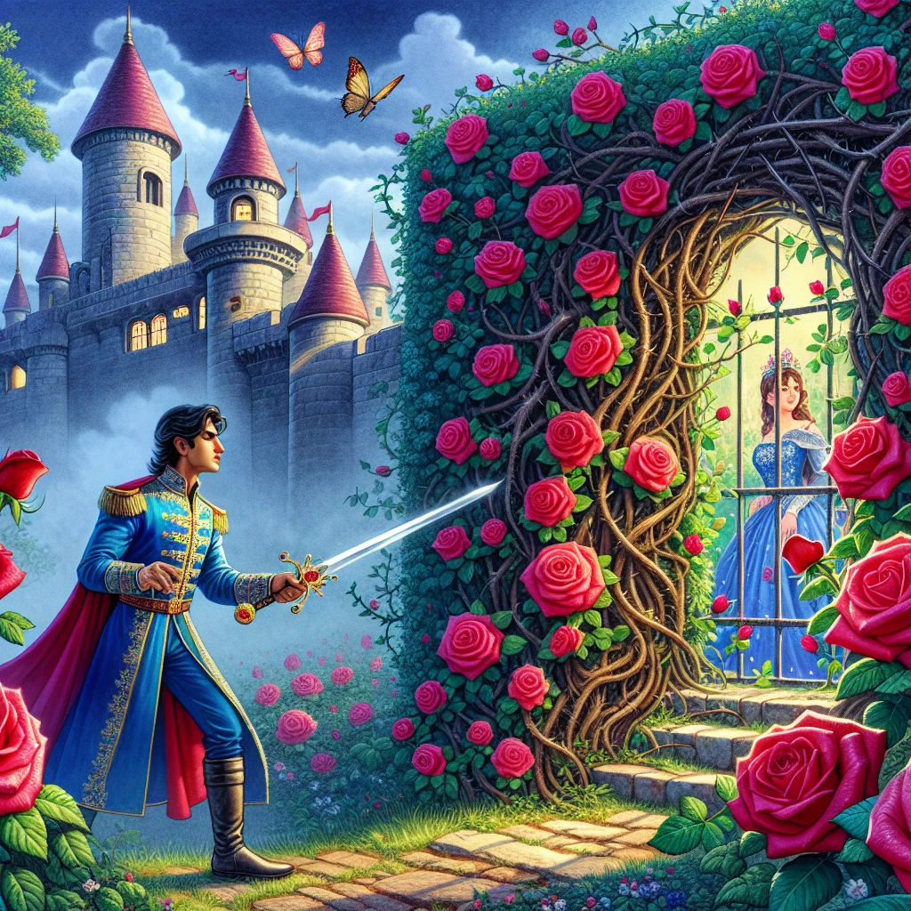 A handsome young prince in royal blue clothing stands before a magnificent wall of thorny roses that surrounds a sleeping castle. He holds a gleaming sword that he has used to cut a path through the dense barrier. Beyond the thorns, visible through a partial opening, is a stone tower where a beautiful princess sleeps. The scene is bathed in magical light, with butterflies and small birds hovering around the blooming roses that have grown among the thorns. The contrast between the threatening thorns and the beautiful roses creates a sense of both danger and enchantment.
