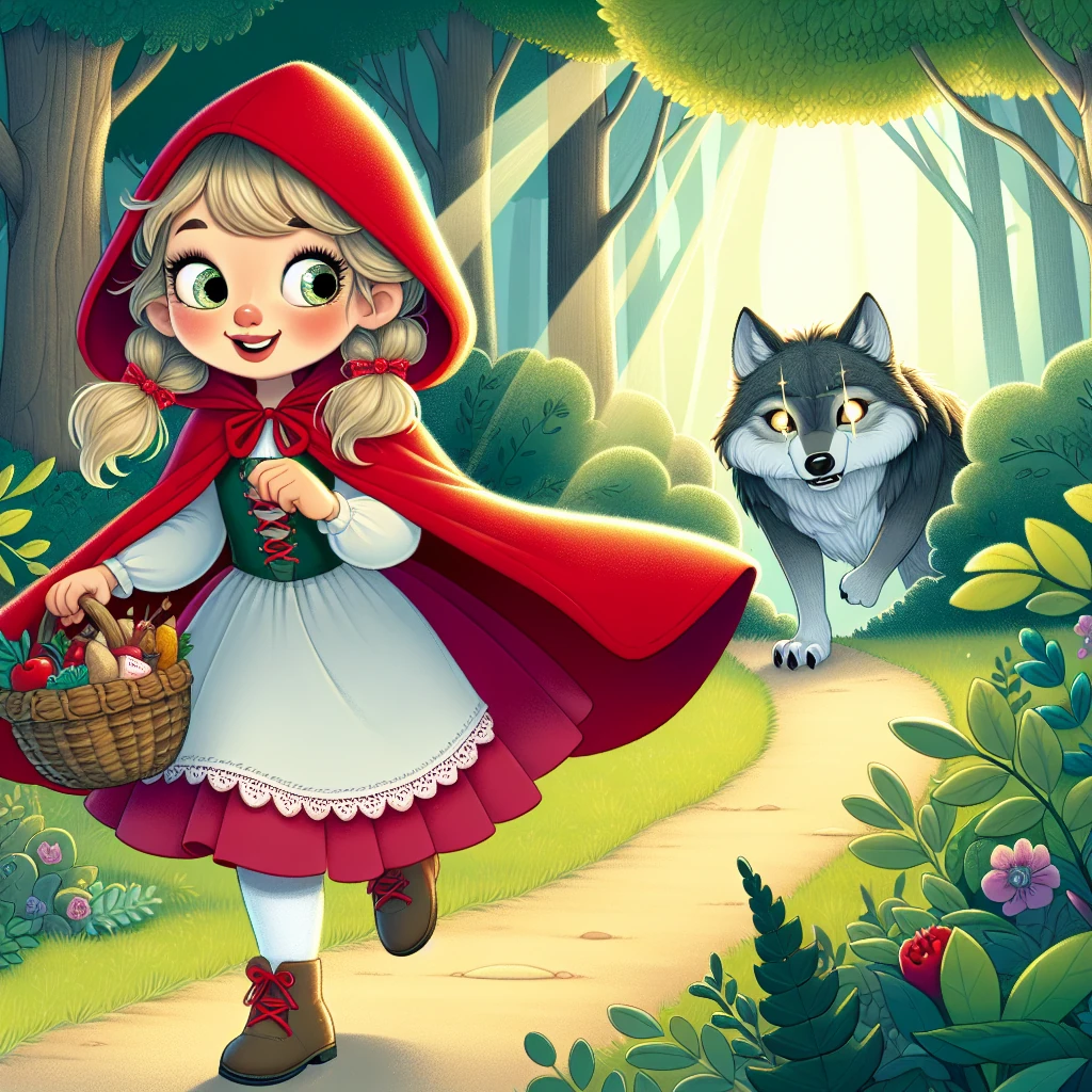 Little Red Riding Hood in her bright red cloak standing on a forest path, holding her basket of goodies, while a large gray wolf lurks partially hidden behind trees, watching her with gleaming eyes