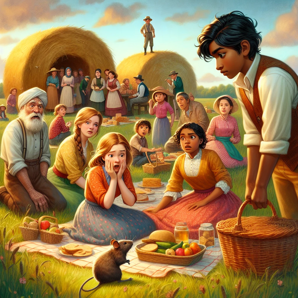 A young man watching as multiple young women run past a haystack in a countryside setting, observing their different reactions