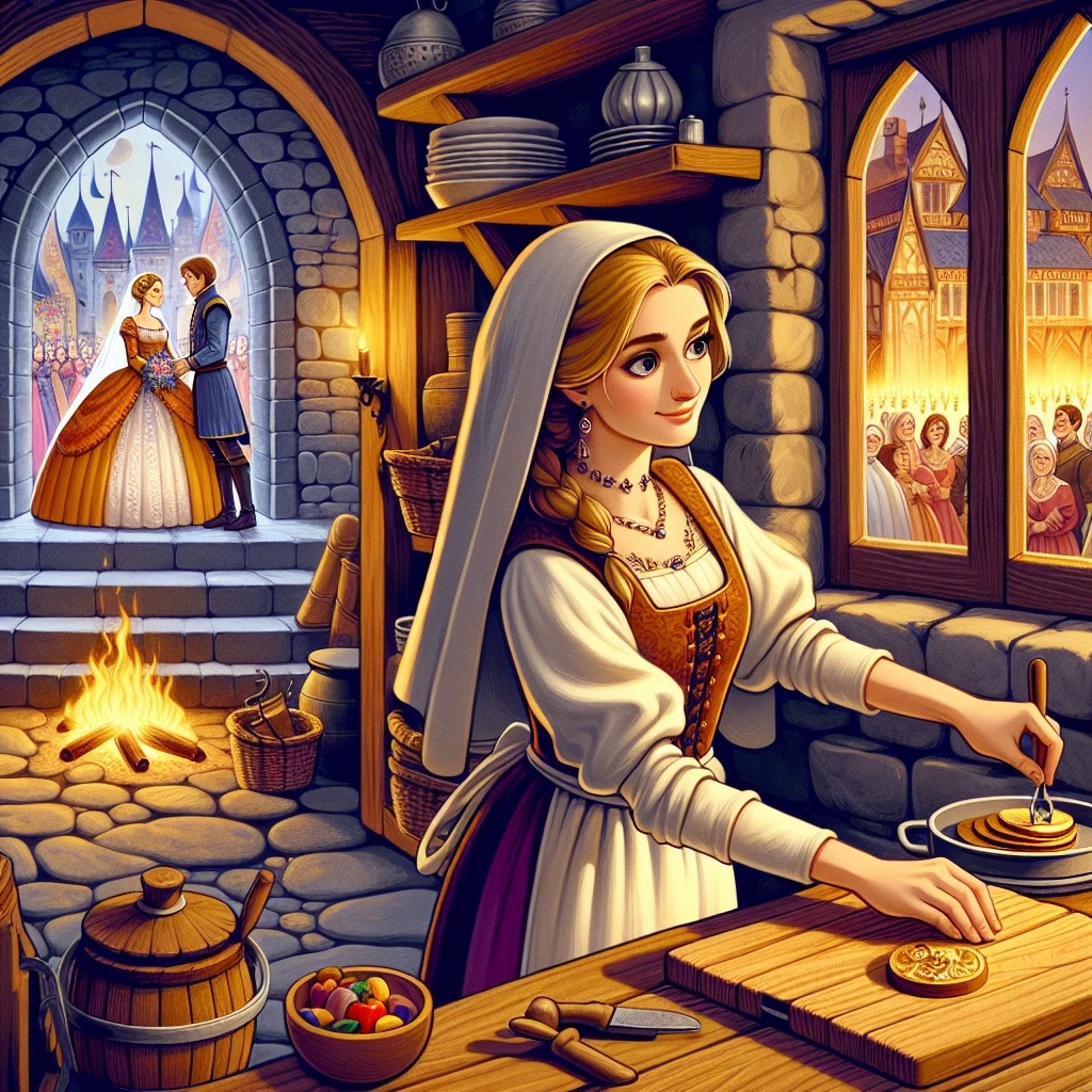 A beautiful princess working as a servant while her true love searches for her, with a tower visible in the distance