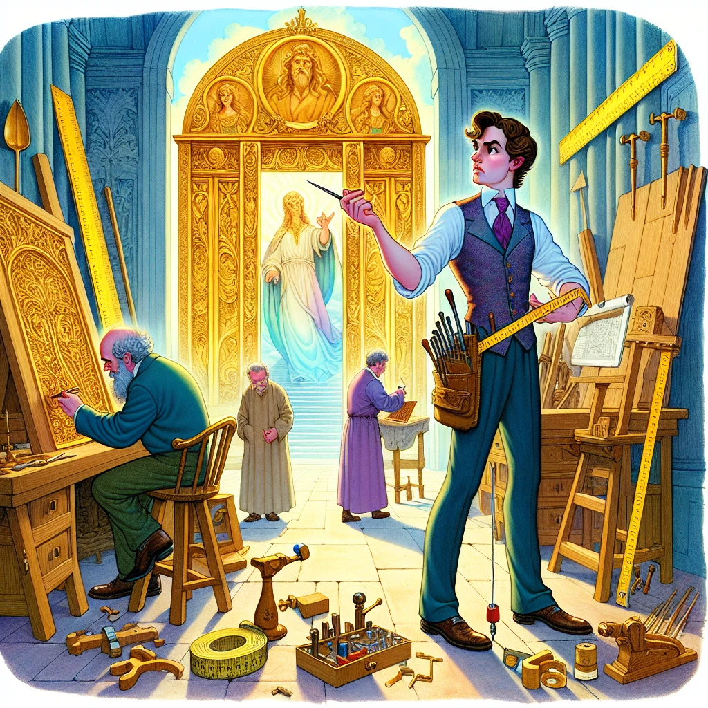 Master Pfriem, a thin, sharp-featured craftsman with measuring tools, standing in his workshop critically examining everything around him while pointing out flaws, with St. Peter watching from heaven above
