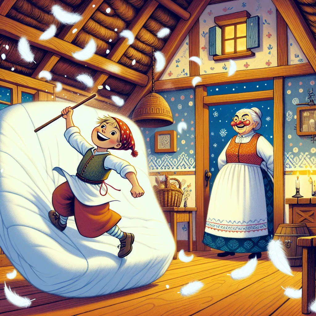 The kind, hardworking girl shaking Mother Holle's featherbed vigorously, with feathers flying around like snowflakes. Mother Holle, an elderly woman with large teeth but a kind expression, watches approvingly from nearby