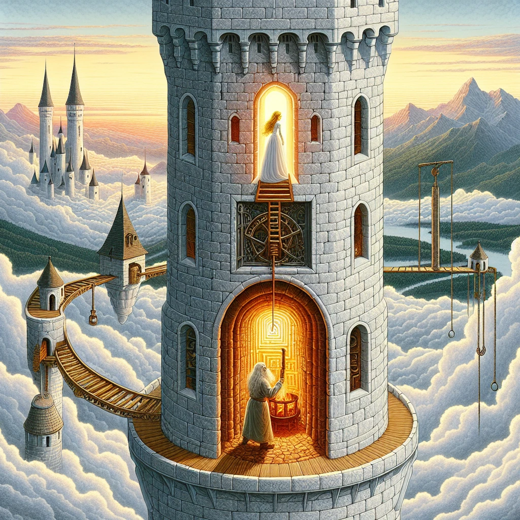 A princess working in a tall tower while the strange Old Rinkrank tends his fire below