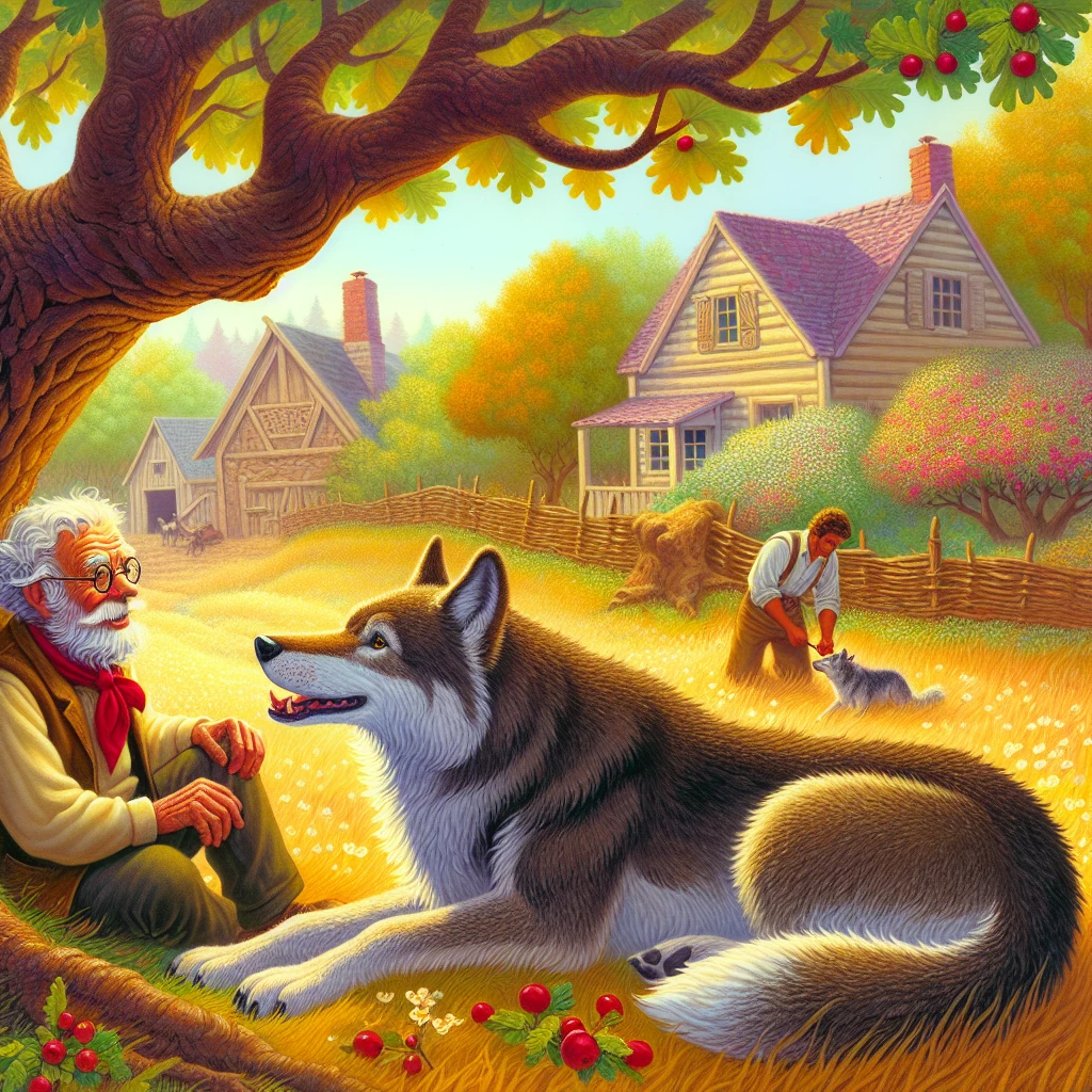 An elderly dog with gray muzzle and gentle eyes sits under an oak tree at the edge of a meadow, engaged in conversation with a large gray wolf. They appear to be plotting something together, with the wolf leaning in conspiratorially. In the background, a farmhouse and barn are visible, with a farmer working in the distance. The scene is painted in warm afternoon light with a golden glow, giving the unlikely friendship between traditional enemies a magical, fairy tale quality.