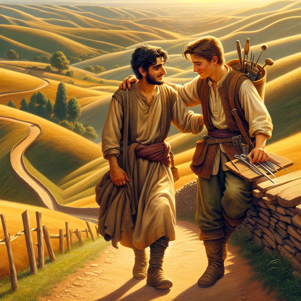 Two young men walking together along a winding path through countryside, sharing both laughter and serious conversation