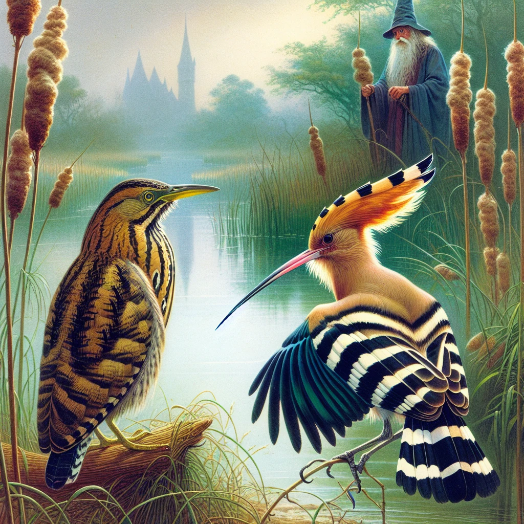 A bittern standing in tall marsh reeds and a hoopoe with its distinctive crest perched nearby, both birds contemplating their life choices in a wetland setting