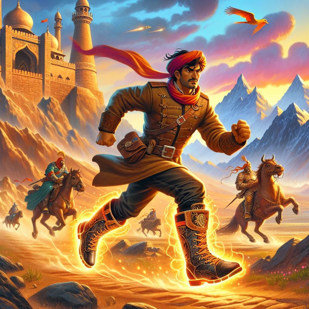A soldier in worn clothing wearing magical buffalo-leather boots, walking through a fantastical landscape with challenges ahead