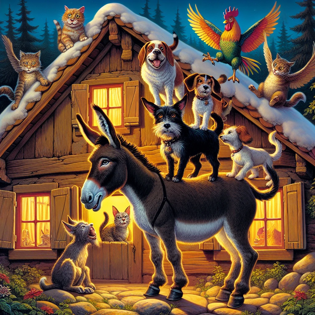 The four Bremen Town Musicians - donkey, dog, cat, and rooster - stacked on top of each other in their famous pose outside the robbers' cottage at night, with light coming from the windows
