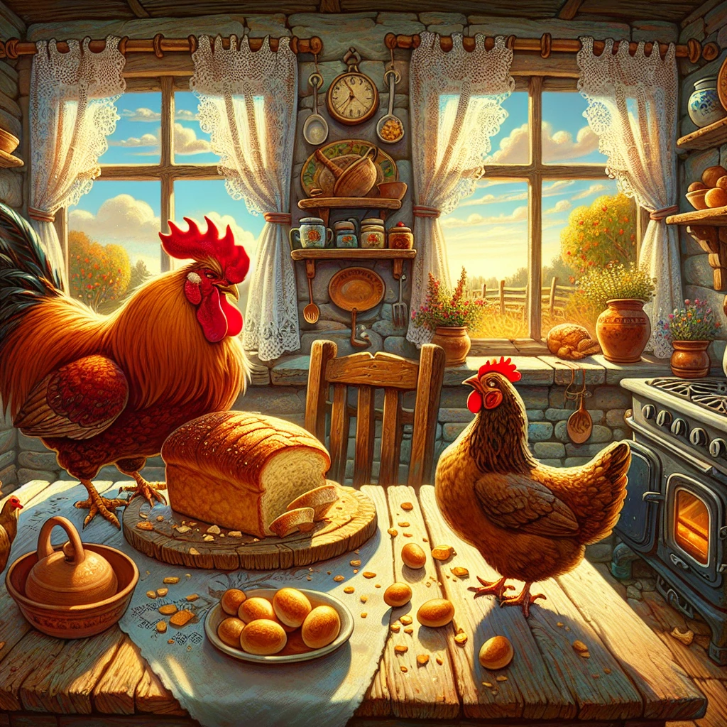 A proud rooster and a humble hen pecking at crumbs on a wooden farmhouse table in a cozy kitchen
