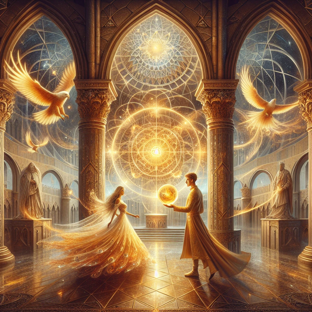 A young man holding a glowing crystal ball while eagles circle overhead and a princess watches from a castle window