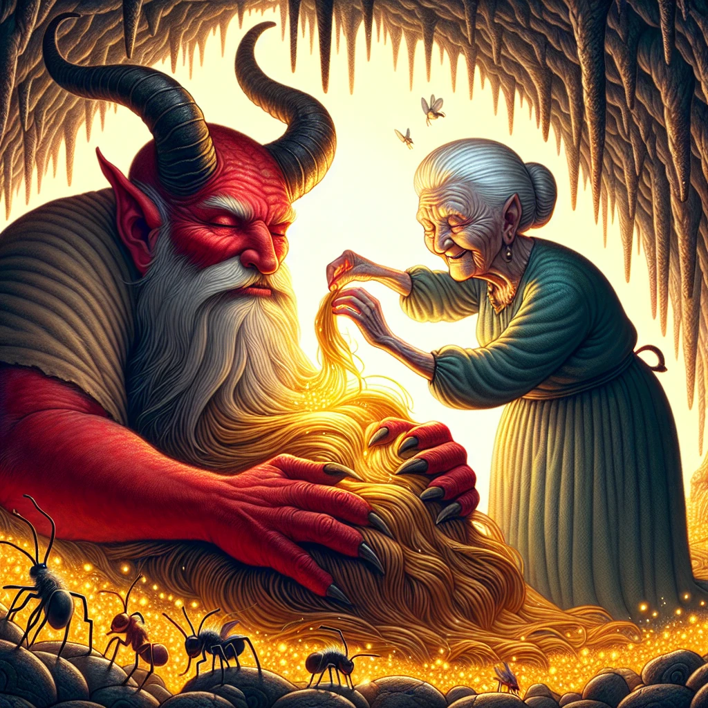 A tense but magical scene showing the devil's grandmother plucking a golden hair from the sleeping devil's head, while the young hero watches from hiding, transformed into a tiny ant