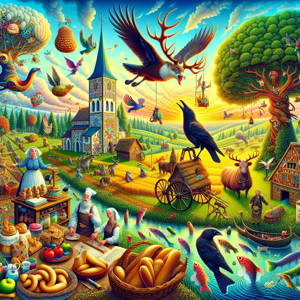 A collection of impossible wonders - a hare with antlers flying through the sky, fish climbing trees, and other miraculous impossibilities in a whimsical landscape