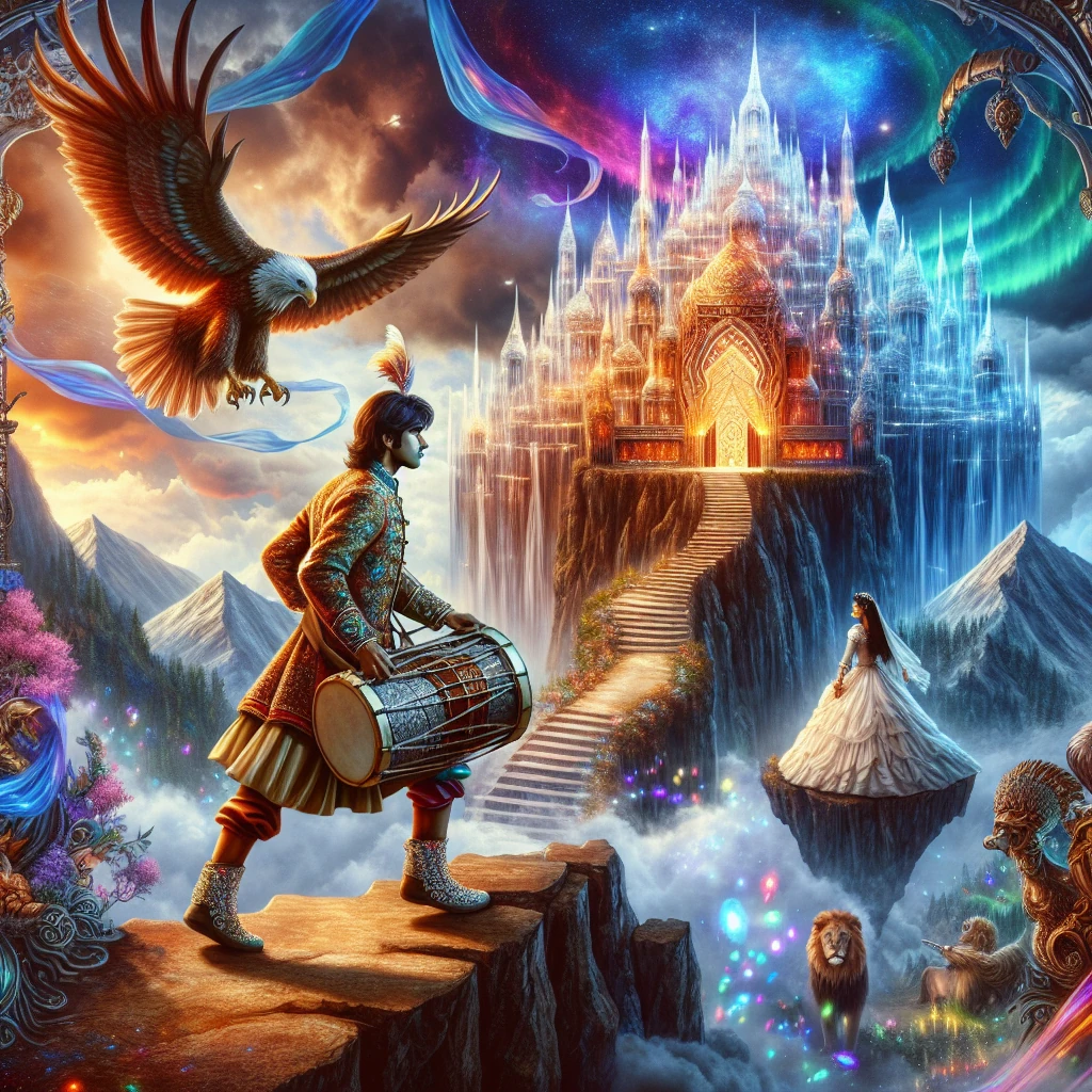 A young drummer climbing a glass mountain while carrying his drum, with an enchanted princess visible at the crystal palace on top