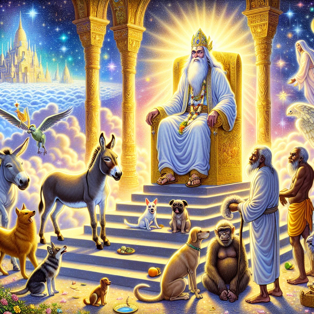 God sitting on a heavenly throne surrounded by all the creatures of the earth - humans, donkeys, dogs, and apes - as He distributes the years of life to each species in a celestial courtroom setting