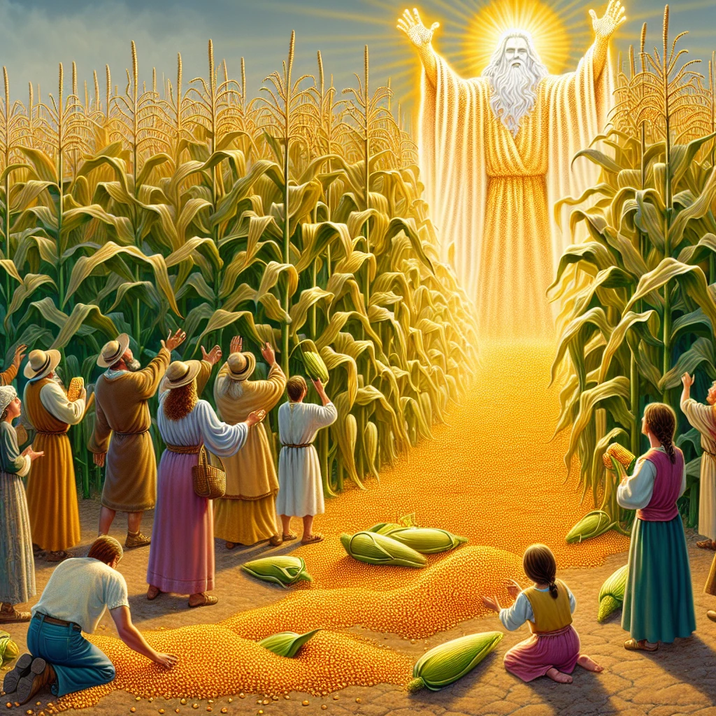 A golden ear of corn standing tall in a field while people below look up in amazement