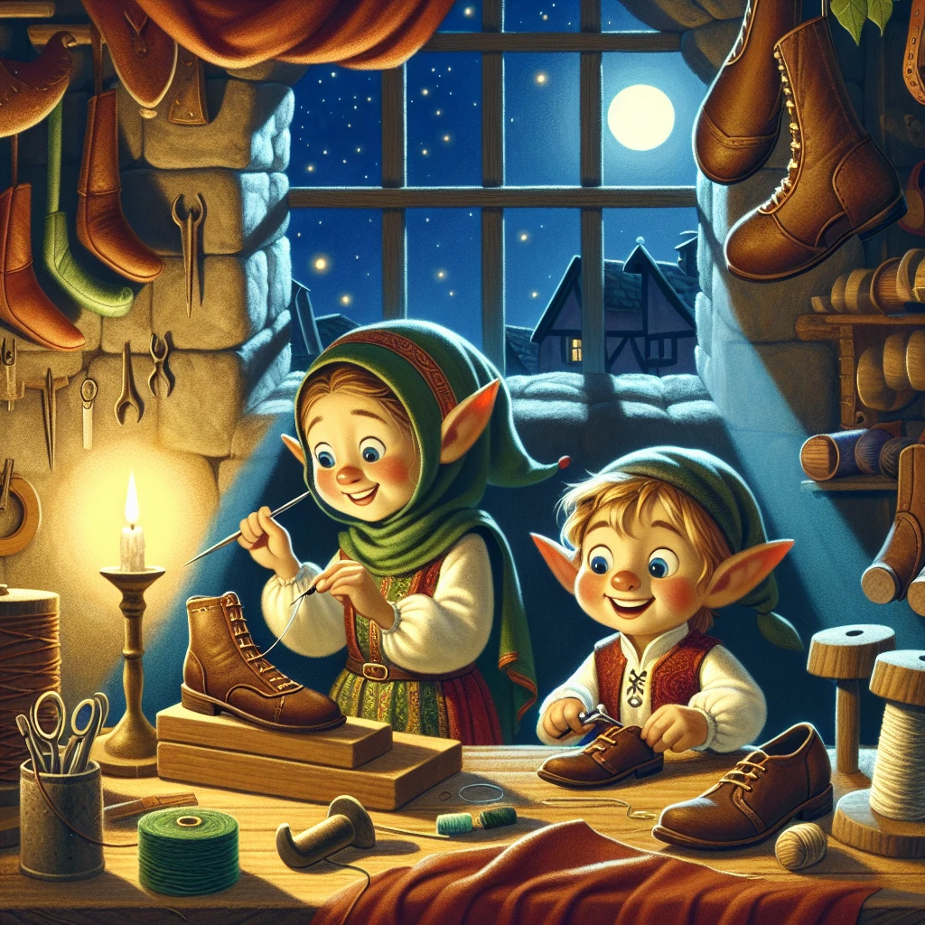 Two tiny elves working on shoes in a cobbler's workshop at night. They wear simple clothes and work by candlelight, surrounded by leather, tools, and half-finished shoes. Their expressions show delight in their work as they stitch with tiny hands.