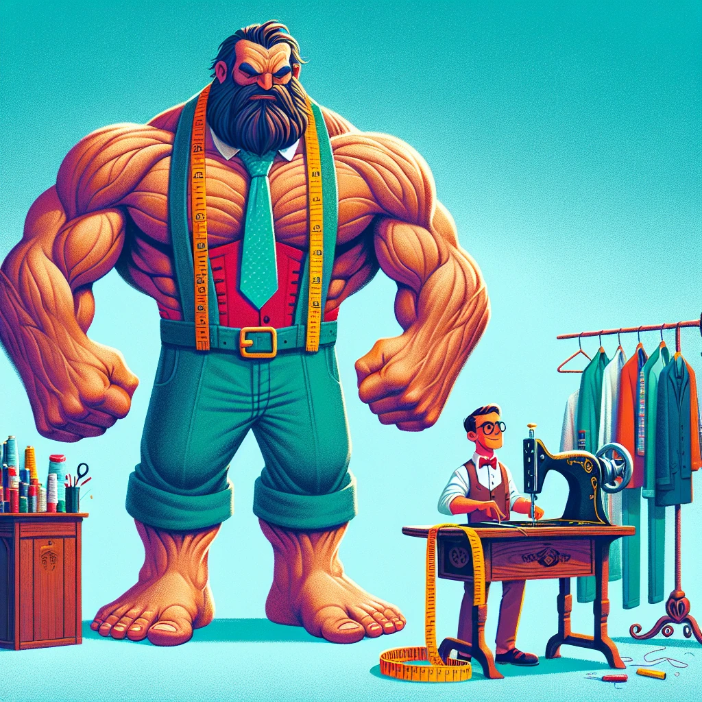 A tiny clever tailor standing confidently next to an enormous, muscular giant who towers over him, with the tailor holding his sewing tools while the giant flexes his massive arms