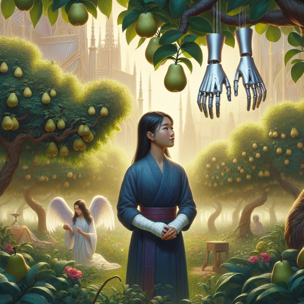 A young woman with bandaged arms standing in a beautiful garden near a pear tree, with silver hands hanging from a nearby branch. She has a serene expression despite her hardship.