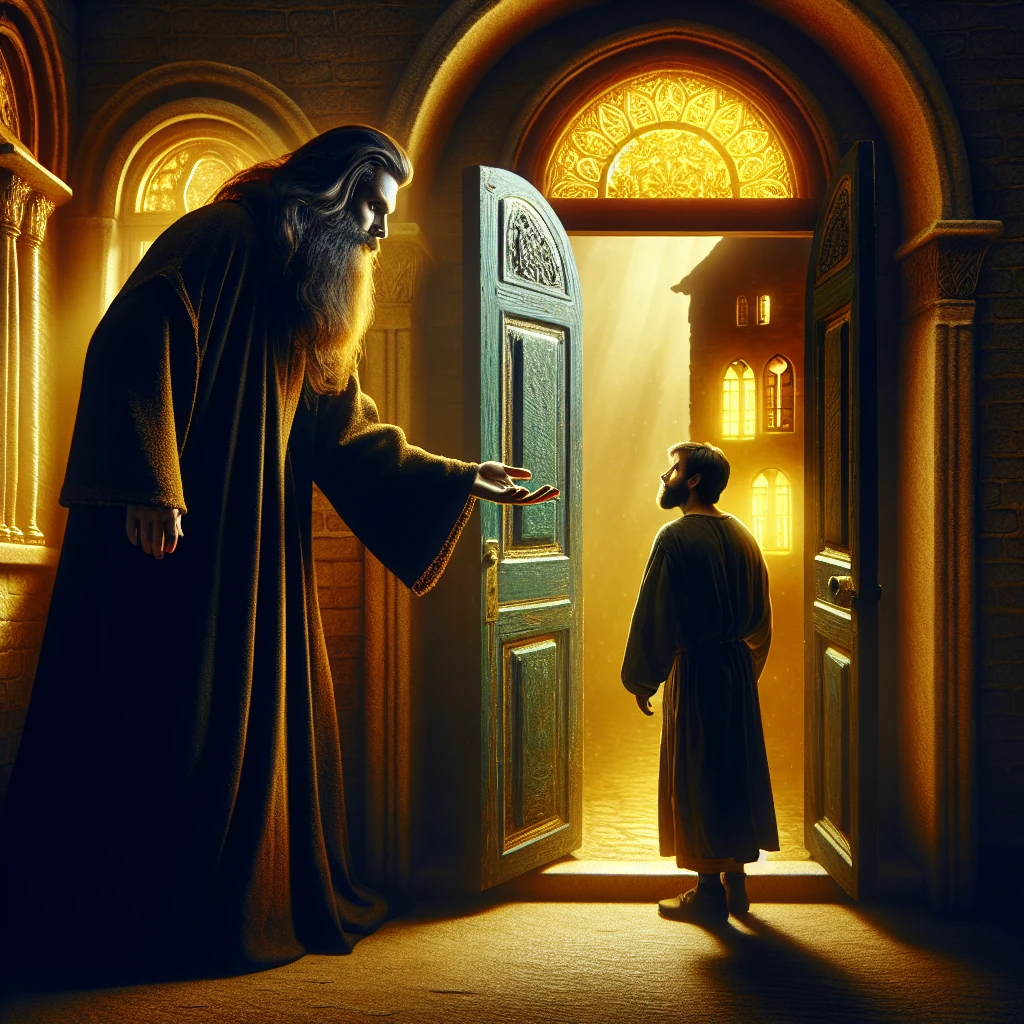 A mysterious bearded figure in dark clothing stands at the entrance to a strange house, extending his hand to a simple peasant man. Behind them, partially visible through an open door, is a room with golden light streaming out. A sense of both invitation and foreboding permeates the scene.