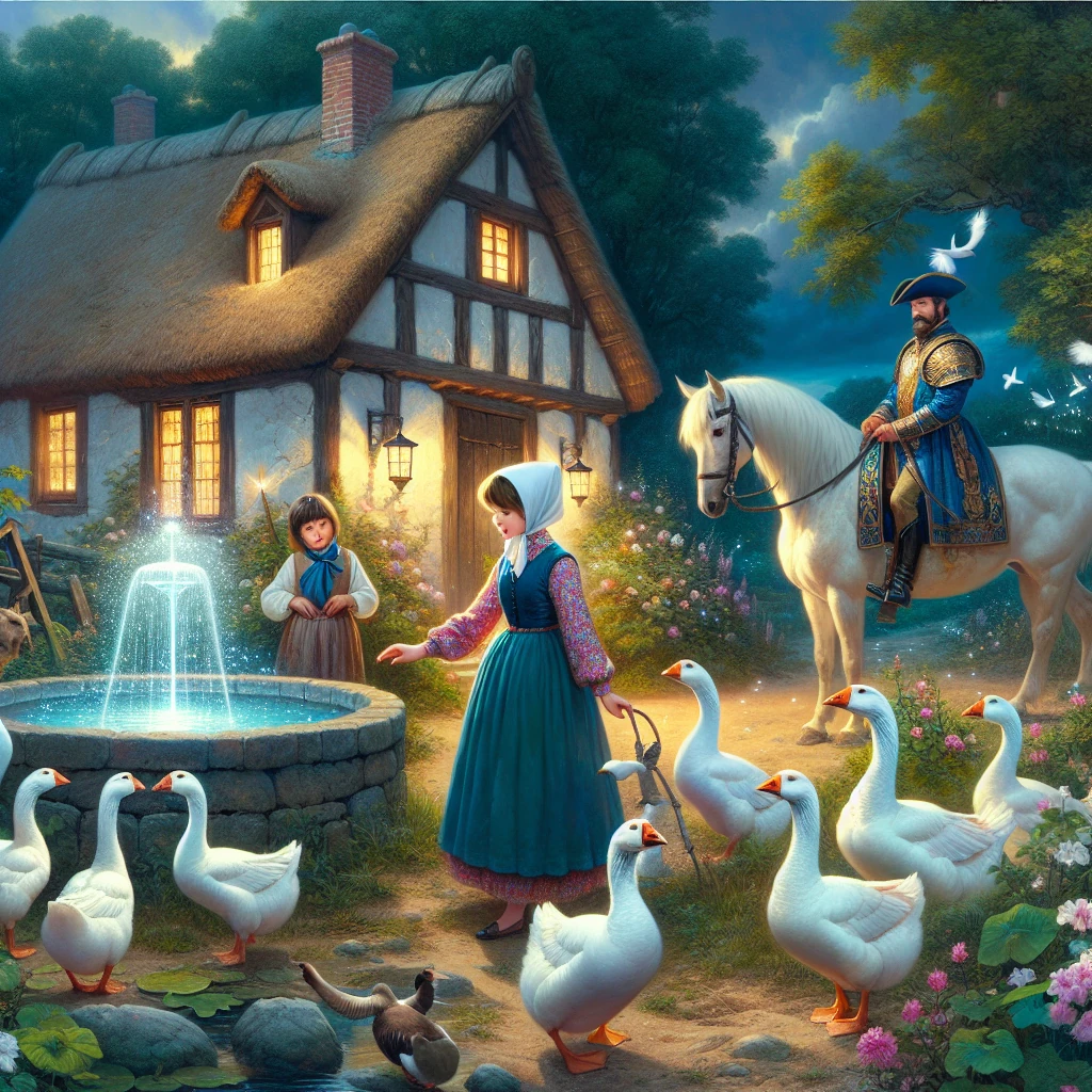 A humble goose-girl in simple clothes tending her geese by a magical well, while a noble count watches from horseback, with the girl's true beauty beginning to shine through her modest appearance