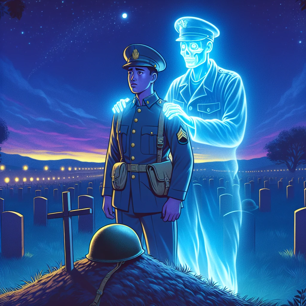 A soldier standing beside a moonlit grave mound while the ghostly figure of a fallen comrade appears in the mist