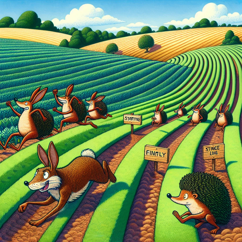 A hedgehog family cleverly positioned at both ends of a furrow while a proud hare races back and forth between them