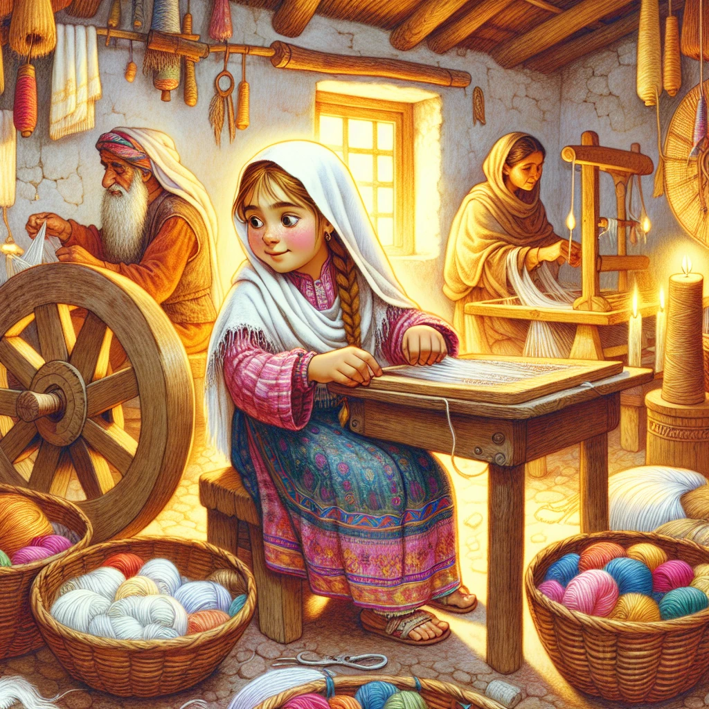 A young girl carefully sorting through discarded flax fibers, finding ways to use even the smallest pieces