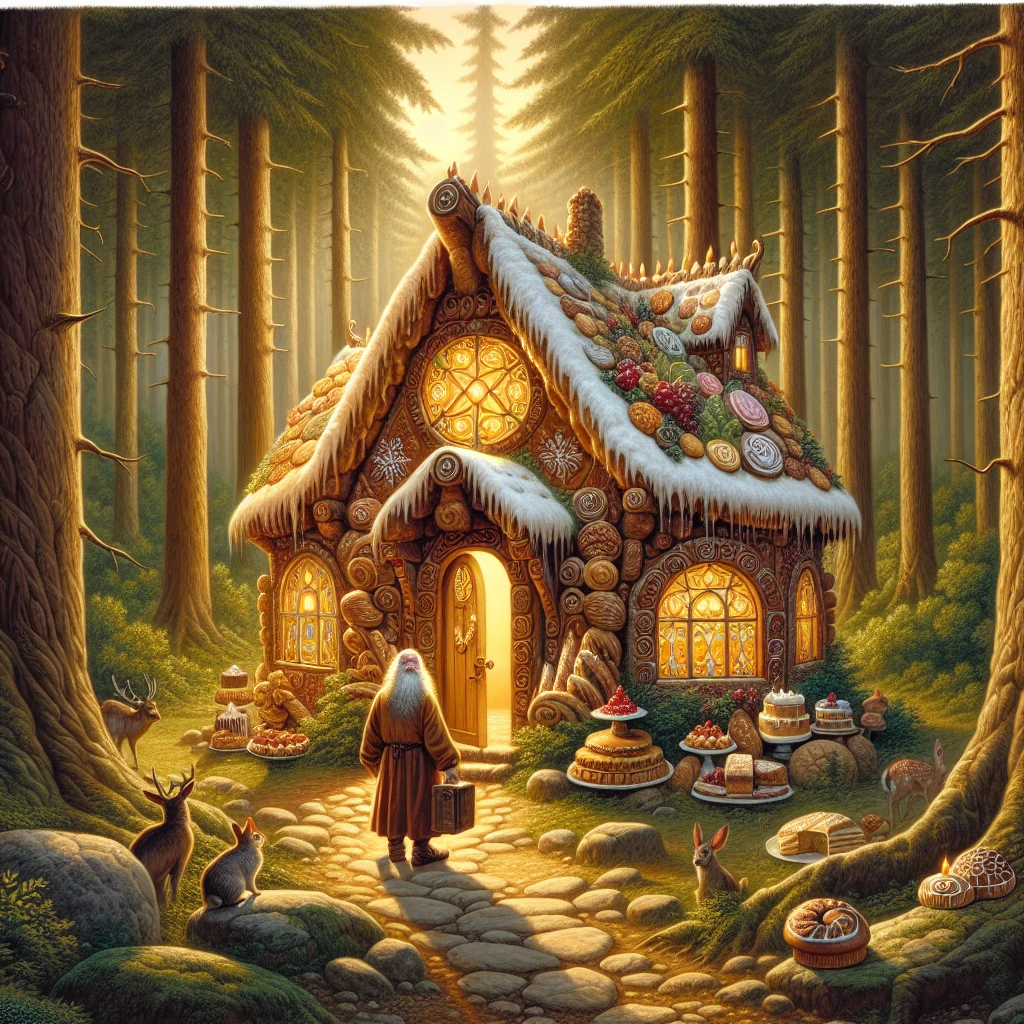 A humble wooden hut in a deep forest clearing, surrounded by woodland creatures and bathed in mysterious golden light