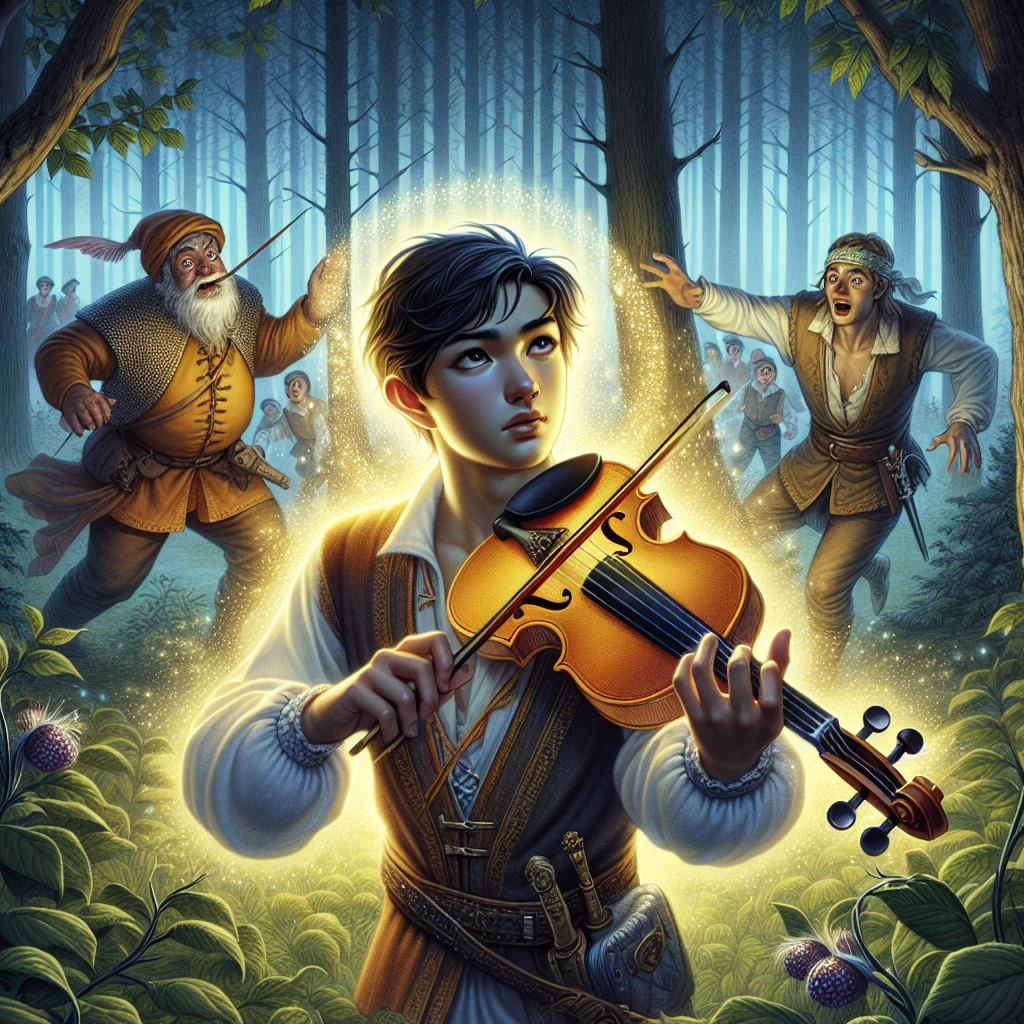 A young man playing a magical violin while a greedy merchant dances uncontrollably among thorny bushes