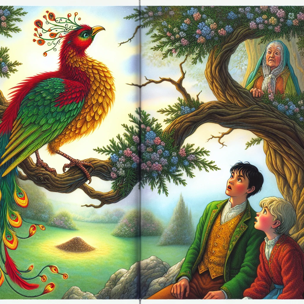 A magnificent bird with brilliantly colored feathers (red, green, and gold) sits on a branch of a juniper tree in full bloom. Below the tree, a family scene unfolds: a father and young girl look upward in wonder at the bird, while slightly apart stands a fearful-looking stepmother. The juniper tree's branches spread protectively over a small grave marked by a subtle mound at its base. The scene is set in springtime with soft, magical light filtering through the branches, creating a mystical atmosphere that blends beauty with an undercurrent of the story's darker elements.