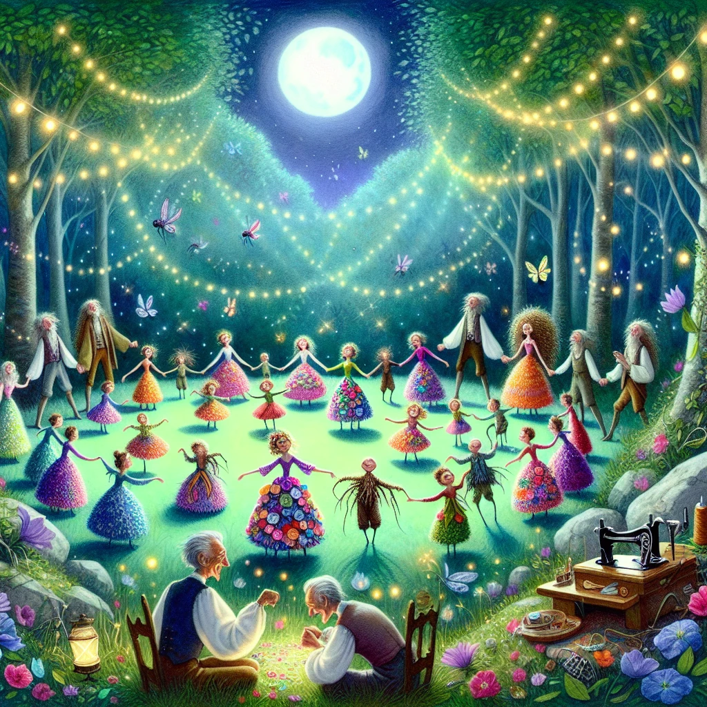 Two tailors in a moonlit forest clearing where tiny magical folk dance in a circle, with one tailor watching respectfully while the other looks on with greedy intentions