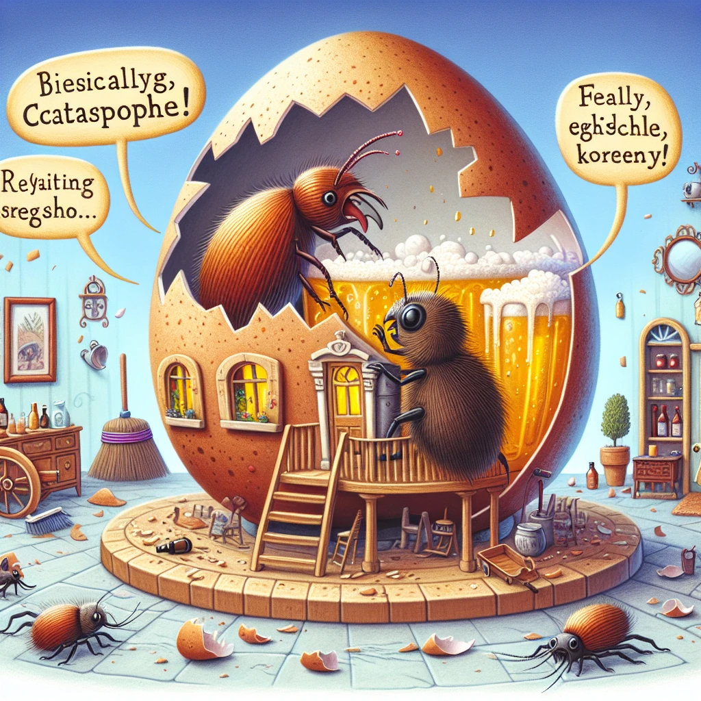 A whimsical scene inside a tiny house where a louse and flea are brewing beer in an eggshell. The louse has fallen in, and the flea is crying dramatically, while household objects around them (door, broom, cart) begin to react in a chain reaction