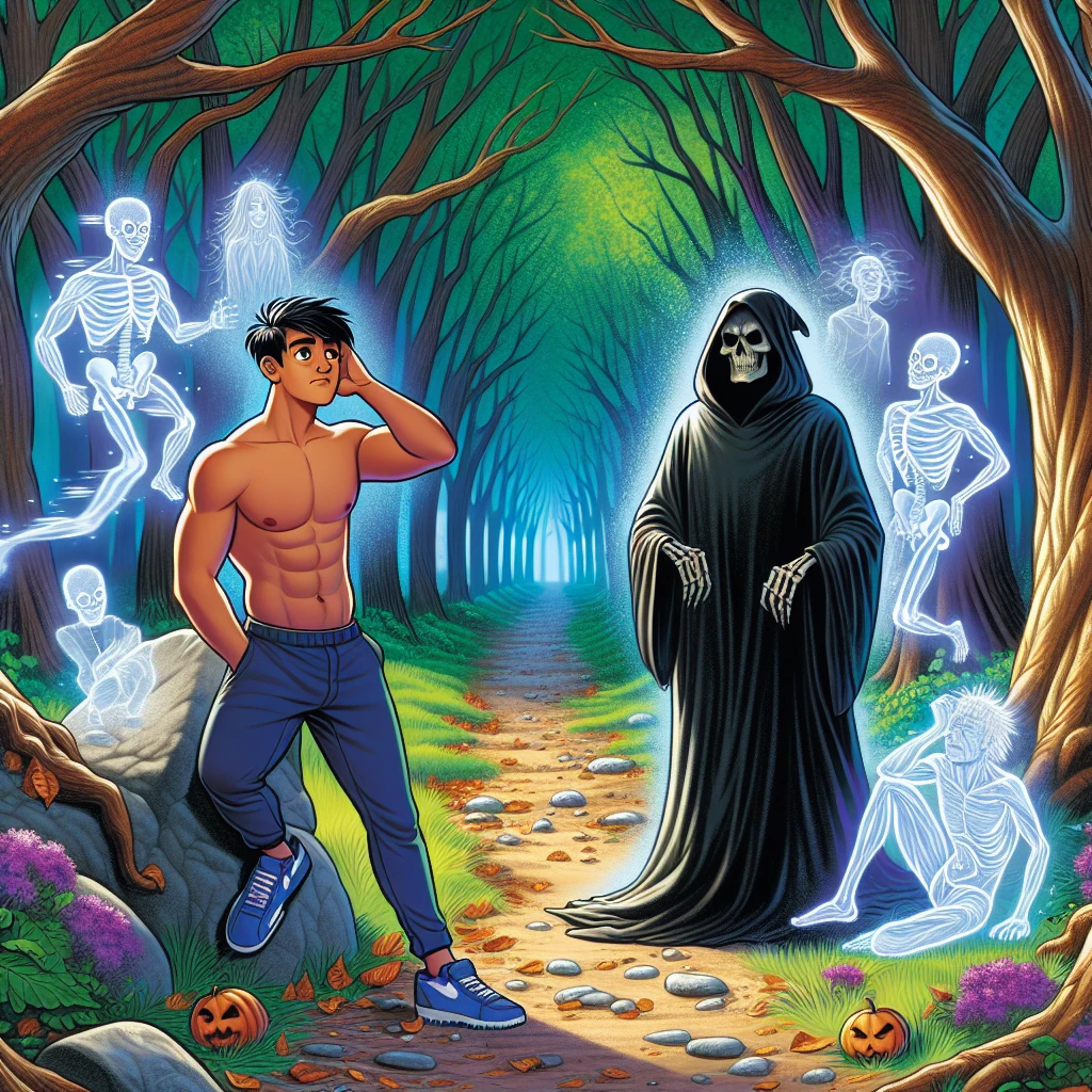 A tall, imposing figure of Death in a dark hooded cloak meeting a confident young man on a forest path, with subtle images of various illnesses and ailments floating around them like ethereal messengers