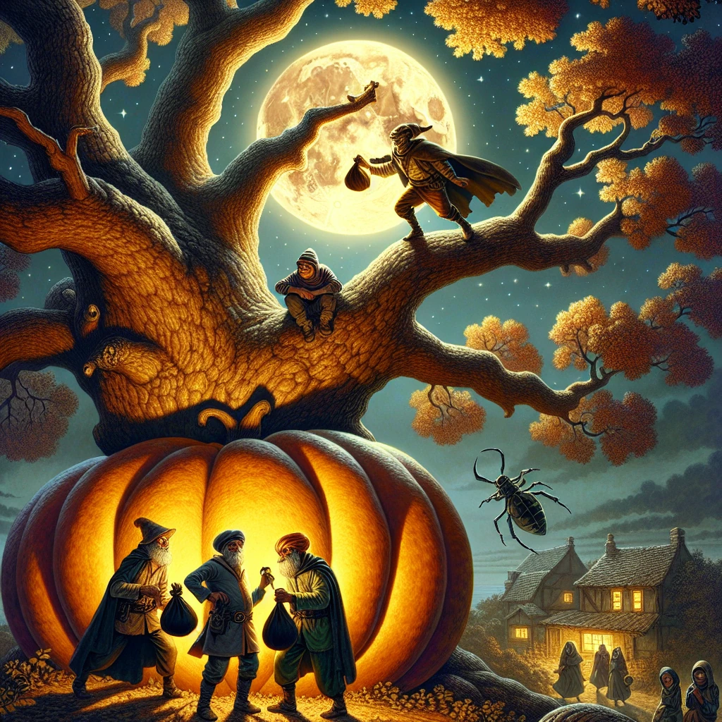 Four thieves climbing a tall oak tree at night to steal the glowing moon, with one man reaching out to grasp the bright celestial orb while below their village lies in complete darkness