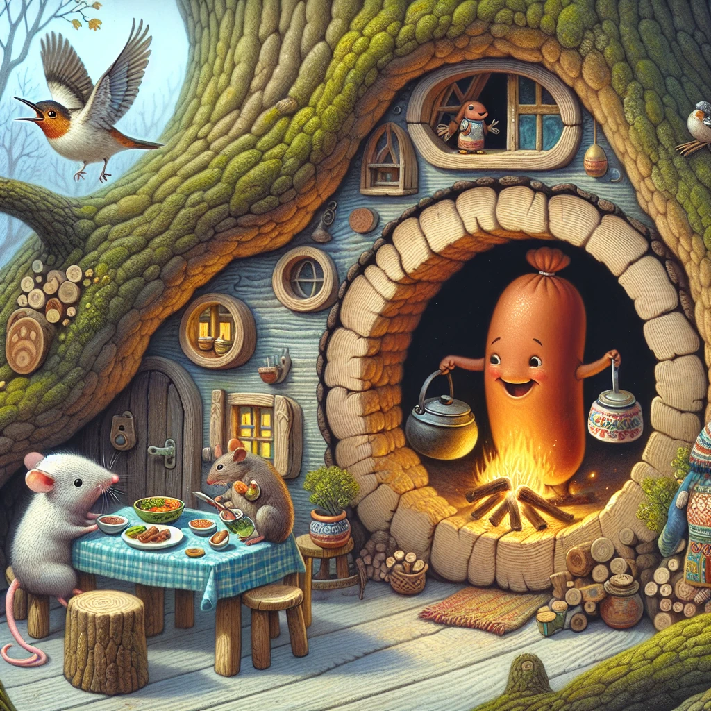 A cozy scene inside a hollow tree home showing the mouse setting the table, the bird bringing in firewood, and the sausage cooking at a small pot over a fire