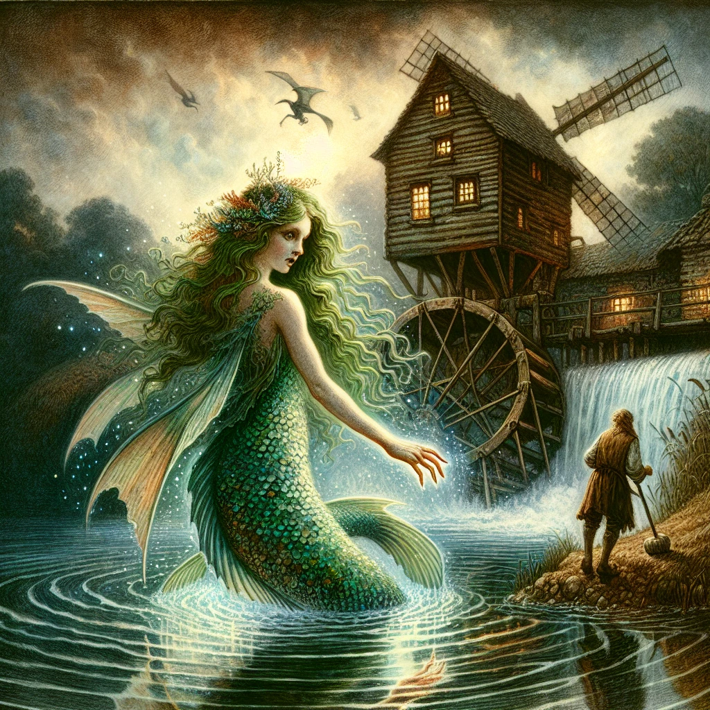 A mystical water nixie emerging from a mill pond, half-human and half-fish, reaching out toward a desperate miller while his son stands nearby, with an old watermill in the background