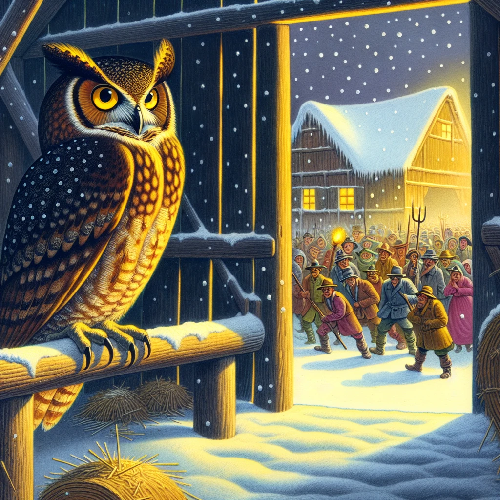 A magnificent owl with large, wise eyes perched peacefully in a rustic barn while frightened townspeople with torches and tools gather outside in the night