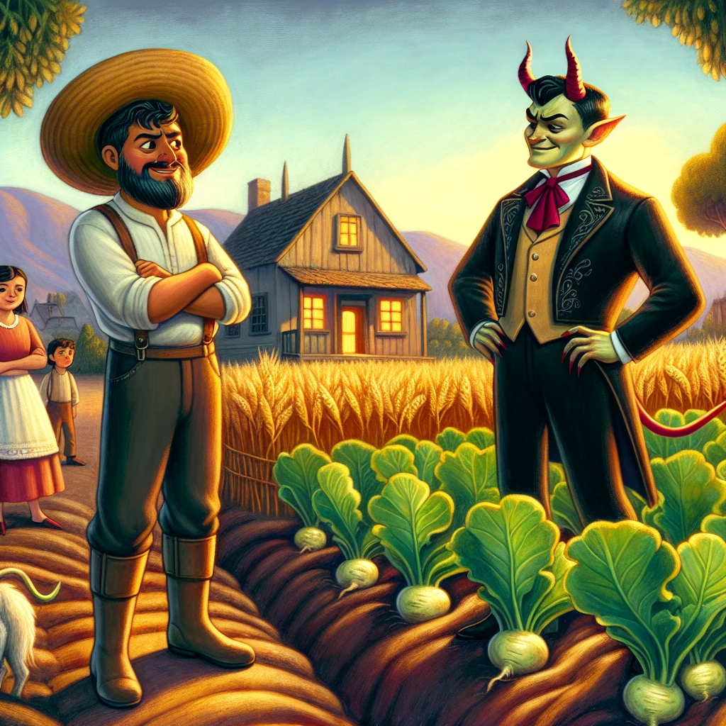 A clever peasant farmer facing off against a horned devil in a field, with crops growing between them