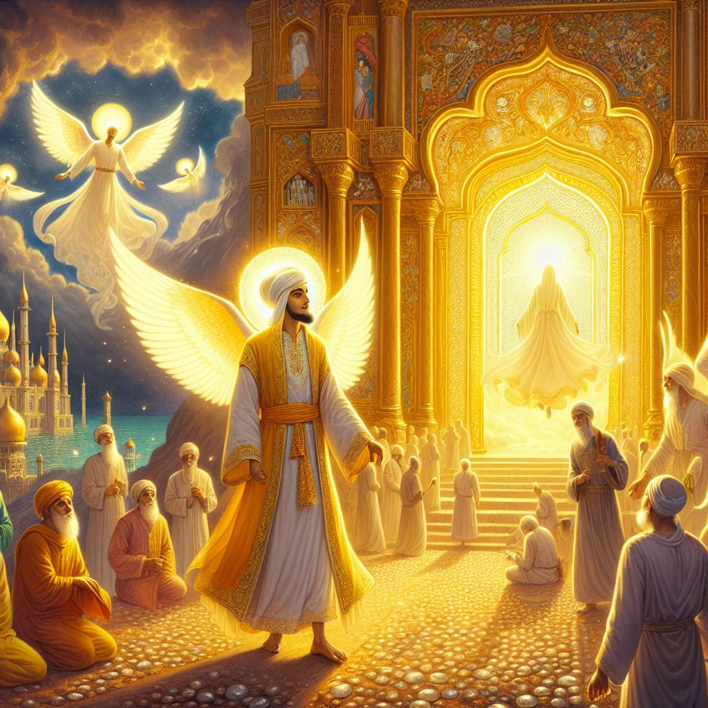 A humble peasant in simple clothes standing at the golden gates of heaven, looking amazed at the celestial realm with angels and divine light surrounding him