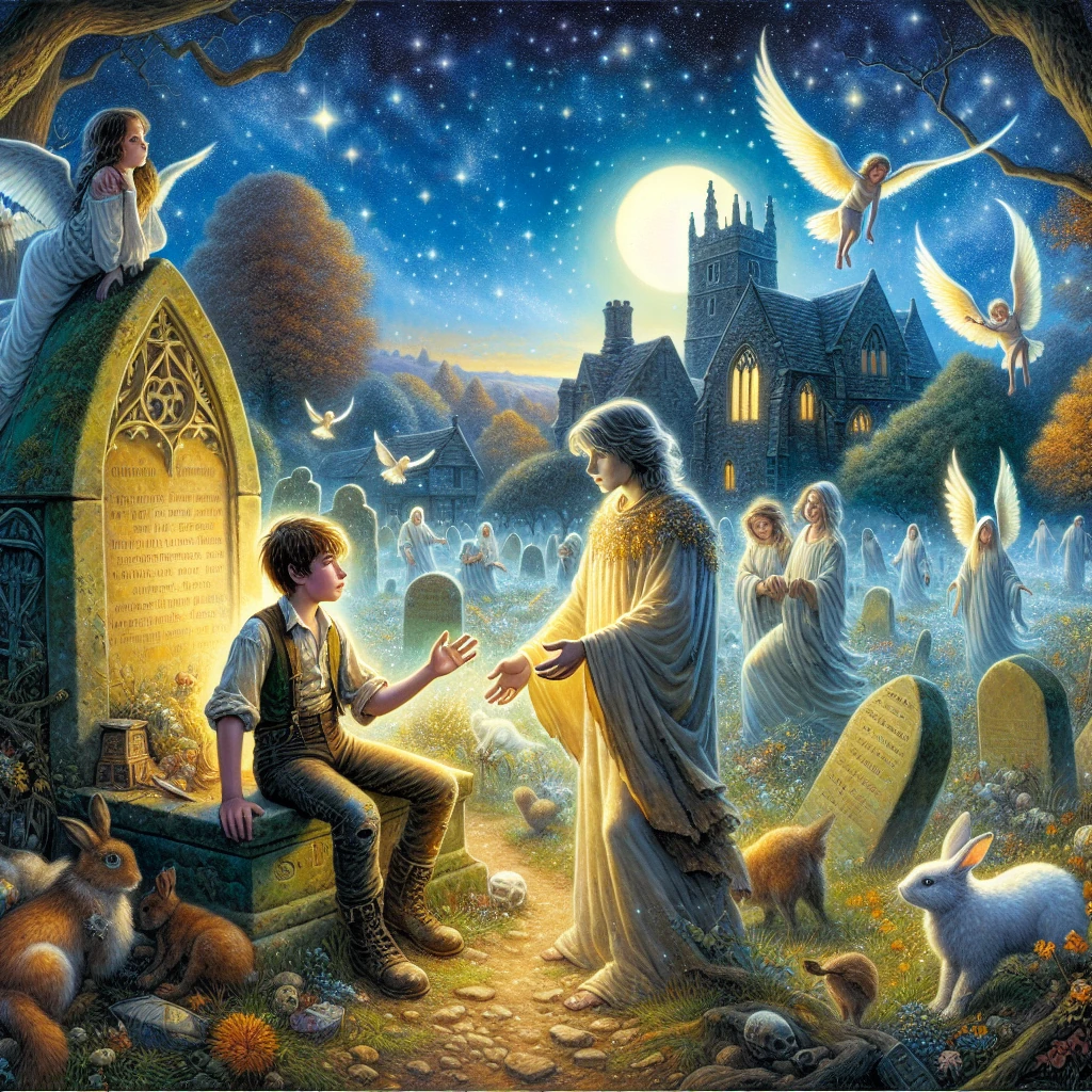 A poor boy in ragged clothes visiting a grave in a moonlit cemetery, with gentle spirits watching over him