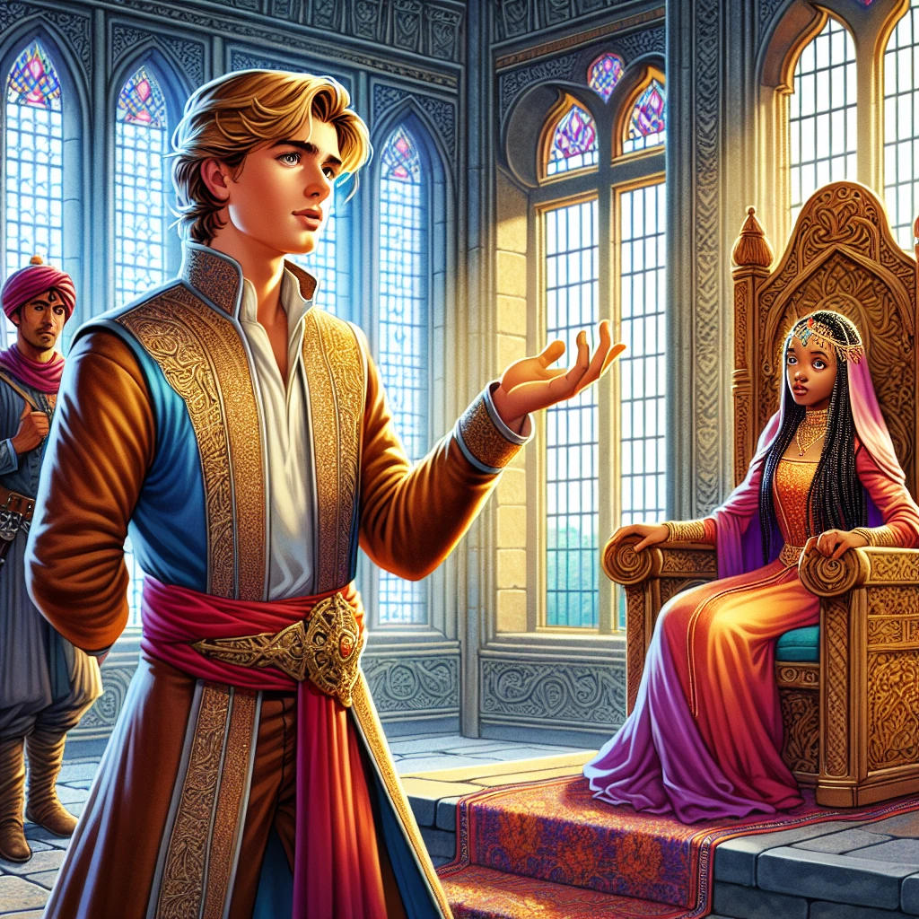 The prince confronting the beautiful, mysterious princess in her castle throne room as he presents his riddle, with his loyal servant standing nearby