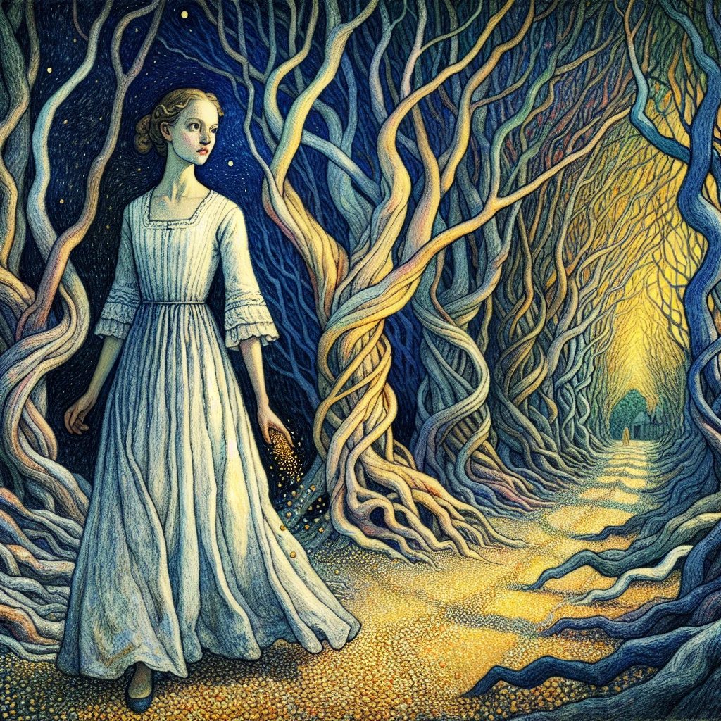 A young woman in a white dress stands at the edge of a forest path marked with ashes. Sunlight filters through dark trees, and a mysterious house is barely visible in the distance. Her expression shows determination mixed with caution as she follows the trail.