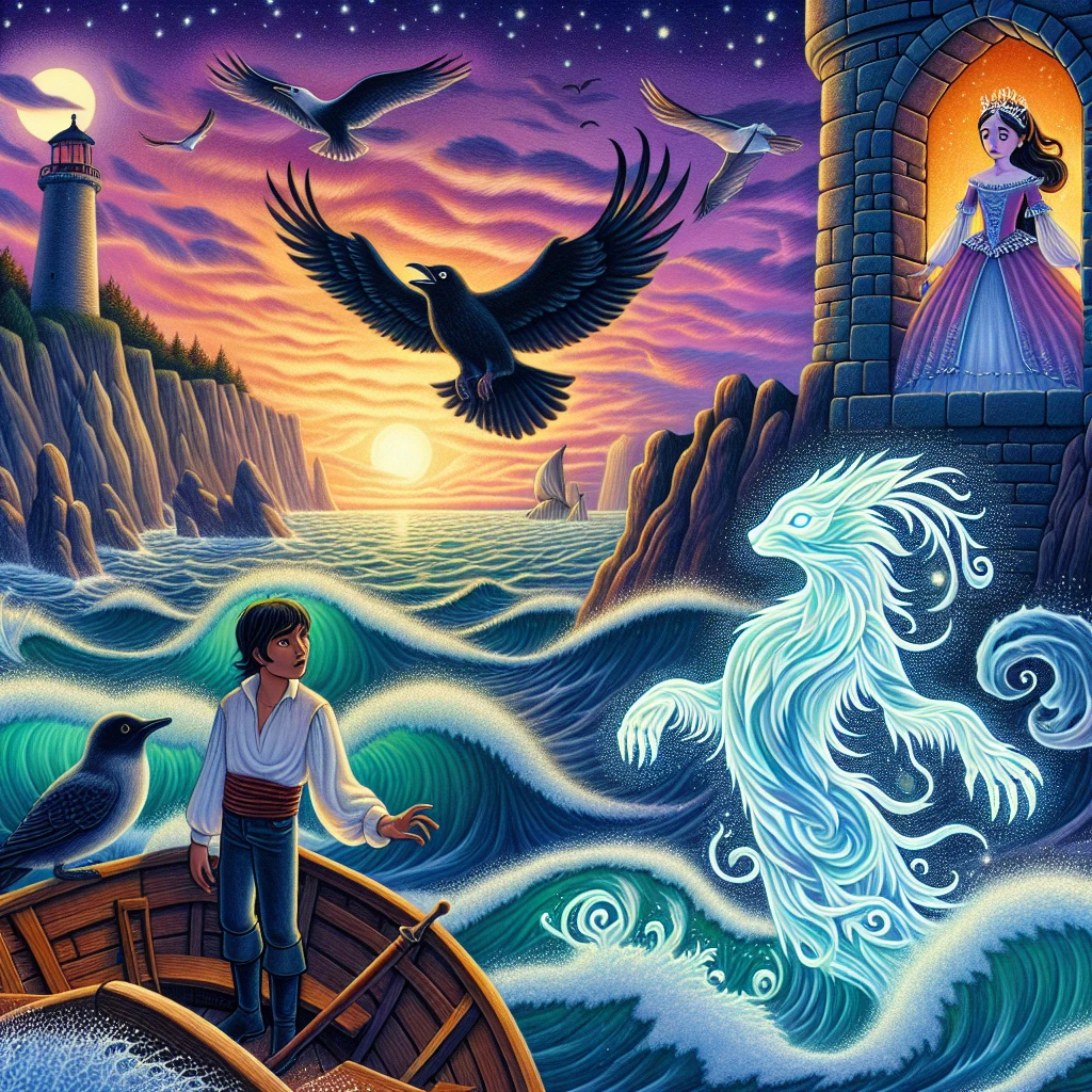 A young man transforming into various creatures while hiding from a princess who watches from her tower window
