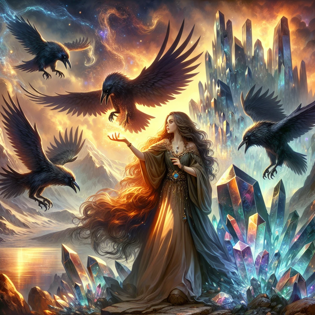 A young woman with long hair standing at the entrance of the Glass Mountain, with seven ravens flying around her. She holds her parents' ring up toward them as the ravens begin to transform back into human form