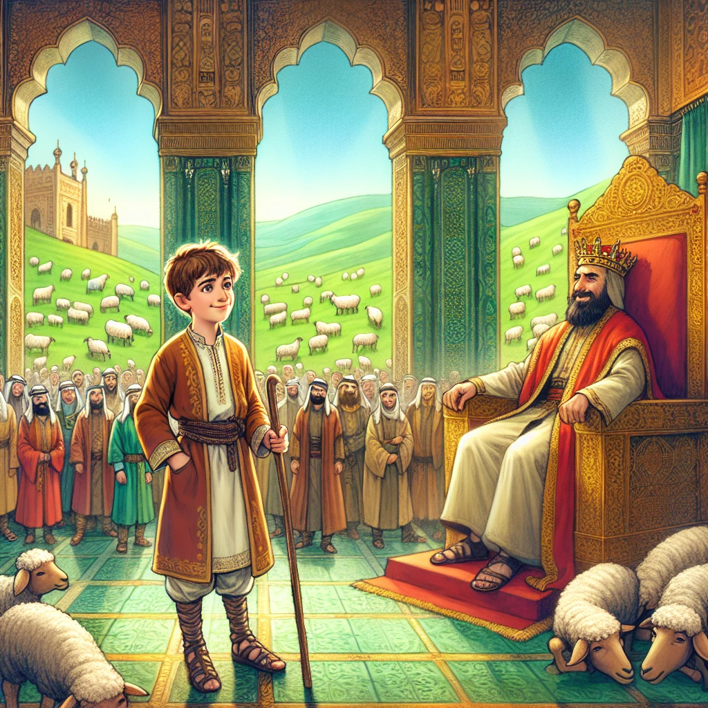 A young shepherd boy standing confidently before the king in his royal court, surrounded by noblemen and courtiers