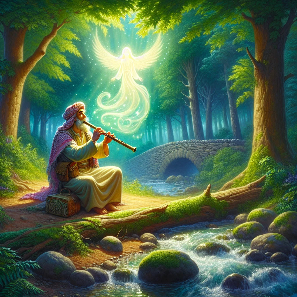 A shepherd kneeling by a stream, playing a magical reed flute with an expression of wonder. A glowing ethereal figure appears above, representing the spirit of truth. The scene is set in a lush forest clearing with light filtering through the trees and a bridge visible in the background.