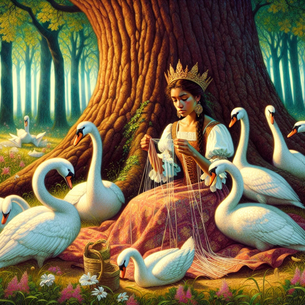 A young princess sits under a large oak tree in a forest clearing, weaving nettle shirts with her delicate, bleeding fingers. Around her, six magnificent white swans with golden crowns around their necks circle protectively. She looks determined despite her obvious pain. The forest is depicted in ethereal light with wildflowers dotting the clearing and shafts of sunlight breaking through the canopy. The princess wears a simple dress, having given up her royal finery, and her long hair is unbound. Her expression shows both suffering and unwavering resolve to save her brothers.