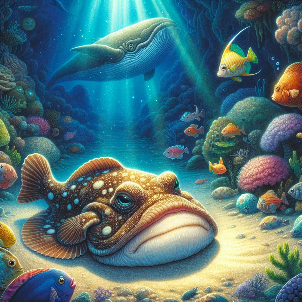 A flatfish sole swimming near the ocean floor with its distinctive twisted mouth, surrounded by other sea creatures in the underwater realm