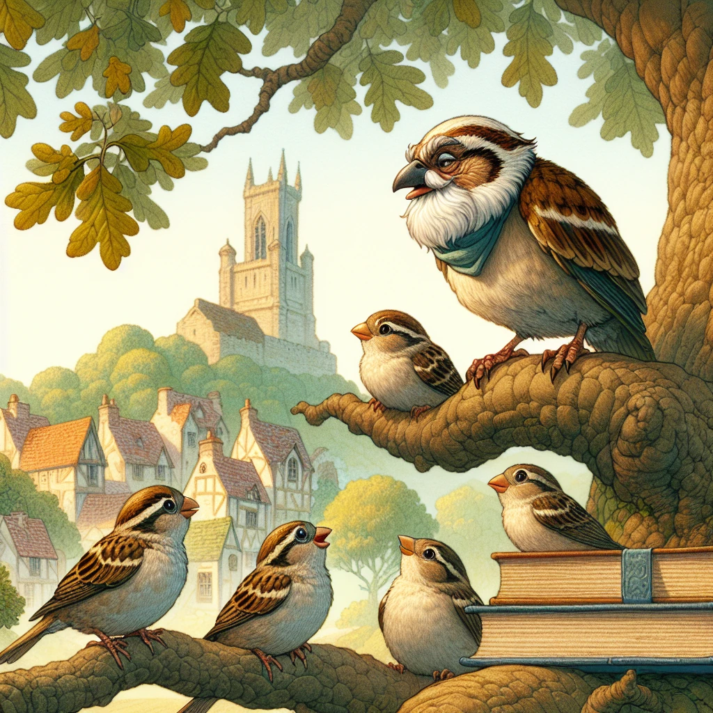 A wise old sparrow perched on a branch giving advice to his four young sparrow children as they prepare to leave the nest
